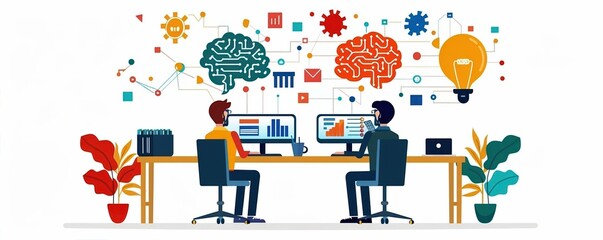 Naklejka premium Two individuals at desks analyzing data on computers, surrounded by bright icons representing ideas and growth