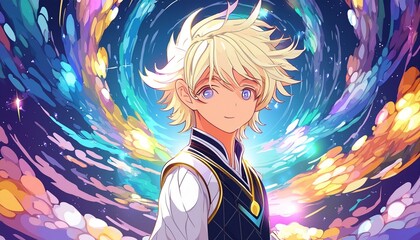 A Man With Blonde Hair And A Vest Standing In Front Of A Colorful Swirl