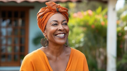 Portrait a cheerful afro woman in orange stylish attire