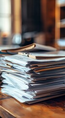 Photo pile of documents on desk in office stack of business papersgenerative 