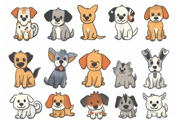 Obraz premium Cute dogs set, pet animal symbols, hand drawn puppy icons silhouettes, funny dog character drawings