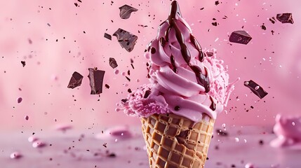 zoomed view of cone having pink ice cream with chocolate explosions