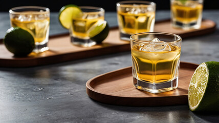 Gold tequila with sea salt and lime slices on a old cutting board