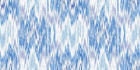 Indigo ikat dye stripe marled seamless border. Asian style wavy distort weave print banner in modern blue white.