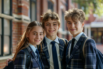 three students of a private school wearing school uniforms with school building in the background