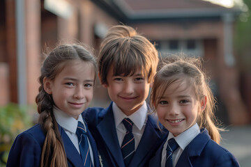 three students of a private school wearing school uniforms with school building in the background