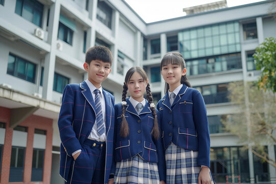 three students of a private school wearing school uniforms with school building in the background