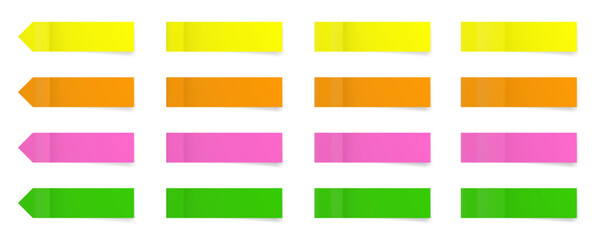 Set of long thin paper stickers. Pointed bookmarks. Stick in notes. pink, yellow, orange and green colors. Multicolor post it notes. Sheets of paper. Tag, sticky note.
