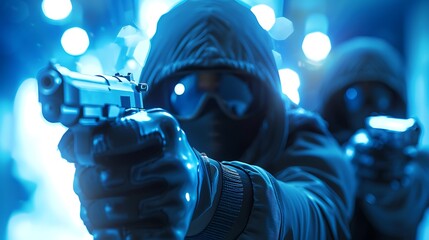 Armed with a modern mask and guns ready for action in the vivid blue bright light very detailed and realistic shape