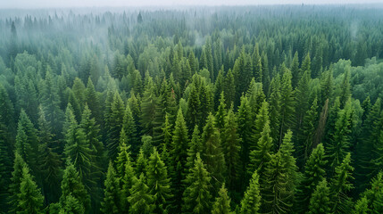 cinematic bird view of taiga forest with fir trees and pine trees