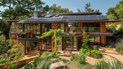Obraz premium An eco-friendly home with solar panels on the roof, a green garden, and sustainable living features