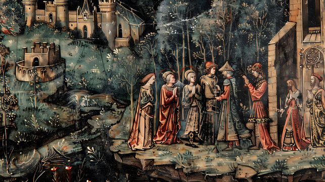 Medieval style colorful wall and manuscript illustrations of middle ages aristocracy