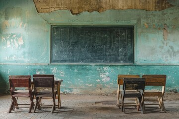 Photo school classroom with chairs desks and chalkboard, Photo school classroom with chairsdesks and chalkboard without studen