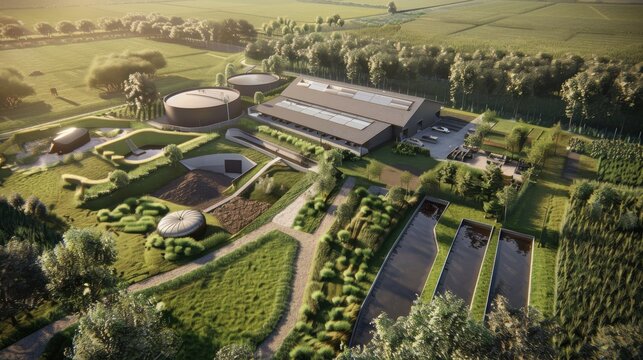 An integrated farm where livestock waste is converted into biogas, providing energy for the farm's operations