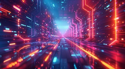 Obraz premium A sleek, futuristic depiction of virtual cyberspace, with geometric shapes and neon lights forming a digital landscape that captures the essence of a high-tech, immersive virtual world.