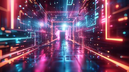 Obraz premium A sleek, futuristic depiction of virtual cyberspace, with geometric shapes and neon lights forming a digital landscape that captures the essence of a high-tech, immersive virtual world.