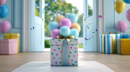 A festive scene featuring a gift box with colorful balloons attached, set against an open door and surrounded by other wrapped presents and floating confetti, in a bright and cheerful room.