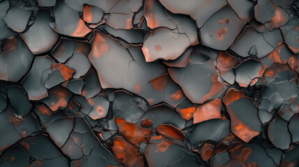 A close-up image of a cracked surface with fragmented pieces, displaying a mix of deep black and rust-like orange colors.