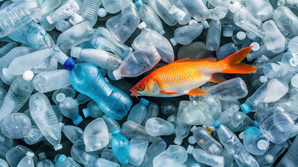 An image showcasing a bright orange fish swimming among a clutter of discarded plastic bottles, highlighting environmental pollution.