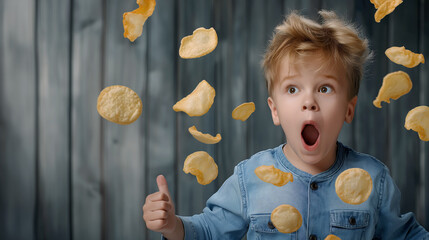 A small boy in a blue denim shirt, surprised and excited, watches potato chips magically floating around him against a wooden backdrop. Copy space.