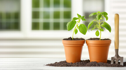 Two young potted plants with vibrant green leaves placed on a white wooden surface, accompanied by a small gardening fork, against a blurred background featuring a window. Copy space.