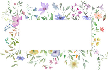  Watercolor frame with wildflowers. Hand drawn floral illustration isolated on pastel background. Vector EPS.