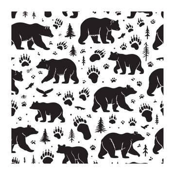 Seamless pattern with black silhouettes of traces of bears