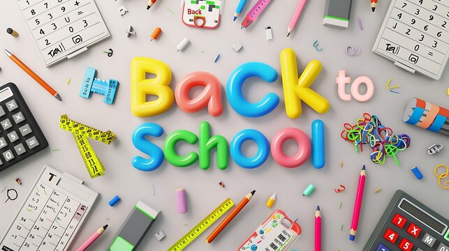Fun "Back to School" 3D text surrounded by lively school elements like chalk, rulers, and calculators on a plain backdrop.