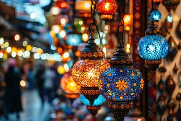 A vibrant display of colorful mosaic lamps, expertly crafted with intricate designs, hanging in a market, illuminating the area with warm, inviting light and cultural charm.