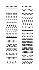 Overlock embroidery seams. Set of machine thread sew brushes. Sewing stitches zigzag seamless elements. Vector illustration. Simple graphic design. Line border isolated on white background.