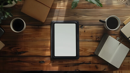 top view photo of tablet mockup on a high quality wooden table