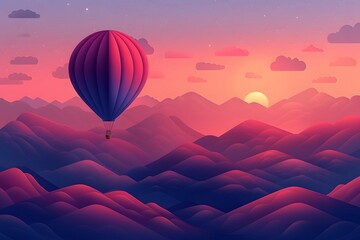 Obraz premium Serene Sunset Flight: Hot Air Balloon Over Majestic Mountains