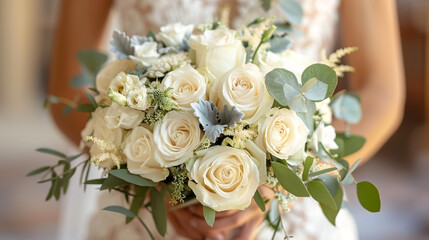 Bride holding a bouquet of white roses and greenery