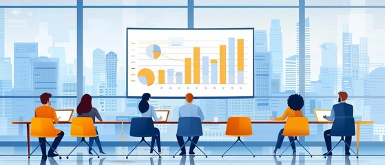 Obraz premium A strategic HR metrics review meeting with executives, modern boardroom, datadriven decisions