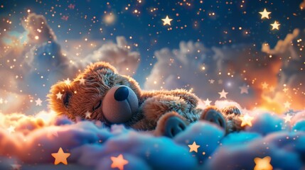 A serene scene unfolds as a teddy bear sleeps peacefully sleeps upon a fluffy cloud under the blanket of the night sky