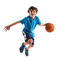 Boy in Blue Jersey Jumping With Basketball , Dynamic Sports Posture Capturing Motion.. Isolated on a Transparent Background. Cutout PNG.