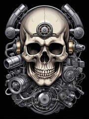 Detailed Design of a Skull Head Illustration with a Machine Suitable for Motorcycle Community T-Shirt Designs or Gangster Motorcycle Club Mascot Logos. skull head mascot artwork. Generative AI