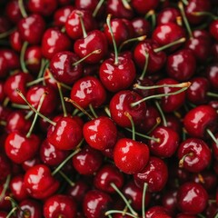 A close up of a bunch of red cherries with a pink background. The cherries are wet and shiny, and the background is a mix of pink and blue. Concept of freshness and natural beauty. 