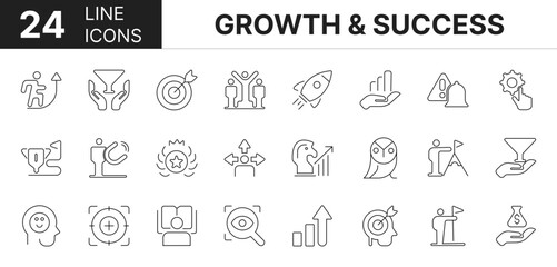 Collection of 24 Growth and success line icons featuring editable strokes. These outline icons depict various modes of Growth and success, development, business, team, management, creative, 