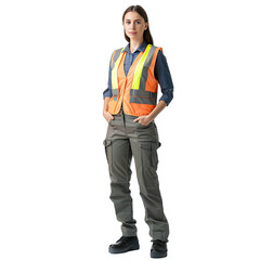 Fototapeta premium Fulllength Portrait of a Female Security Officer in a Safety Vest Showcasing Confident Posture Reflective Vest and Uniform for Public Security. Isolated on a Transparent Background. Cutout PNG.