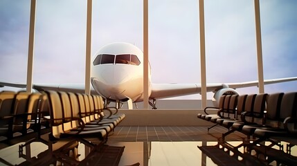 An empty airport waiting room with a passenger airliner visible outside the windows