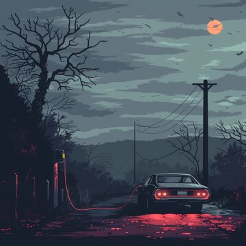 Haunting Pit Stop - Car Charging in Spooky Flat Design Illustration