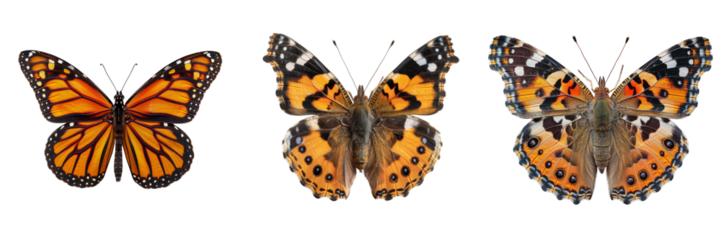 Monarch butterfly and Painted Lady butterfly on transparent background