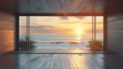 large window oak wooden room gallery opening to beach sunset landscape