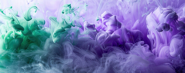 Green and purple ink clouds in water, abstract background