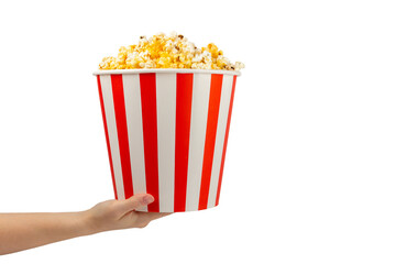 Popcorn box. Red and white striped buckets of popcorn isolated on white background. Cinema and entertainment concept. Movie night with popcorn. Cheesy popcorn. Delicious appetizer, snack. 