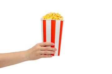 Popcorn box. Red and white striped buckets of popcorn isolated on white background. Cinema and entertainment concept. Movie night with popcorn. Cheesy popcorn. Delicious appetizer, snack. 
