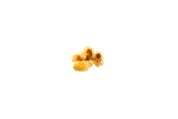 Delicious cheesy popcorn isolated on white background. Cinema and entertainment concept. Movie night with popcorn. Cheese and caramel popcorn. Delicious appetizer, snack. Banner