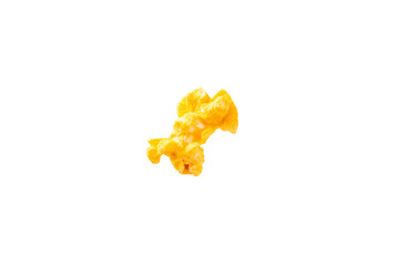 Delicious cheesy popcorn isolated on white background. Cinema and entertainment concept. Movie night with popcorn. Cheese and caramel popcorn. Delicious appetizer, snack. Banner