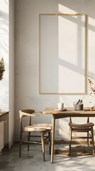 Scandinavian simple interior design living room, dining room with empty poster mockup on the wall